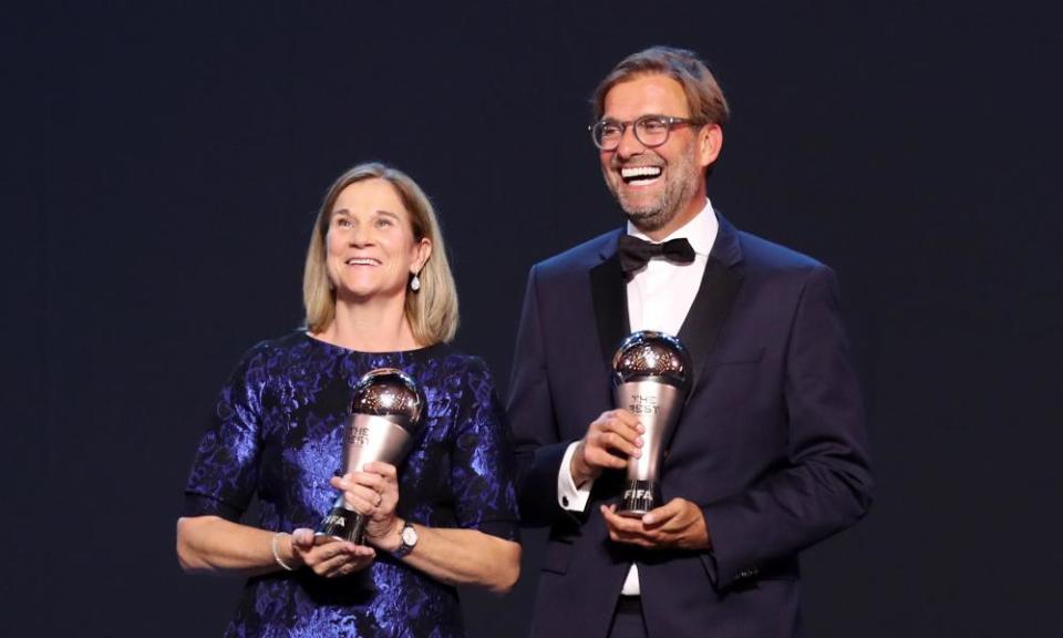 Jill Ellis and Jürgen Klopp after winning the Best Fifa awards as women’s and men’s coaches in 2019.