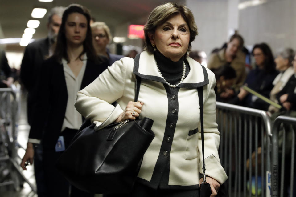Attorney Gloria Allred arrives at court for the sentencing of Harvey Weinstein in his rape trial, in New York, Wednesday, March 11, 2020. (AP Photo/Richard Drew)