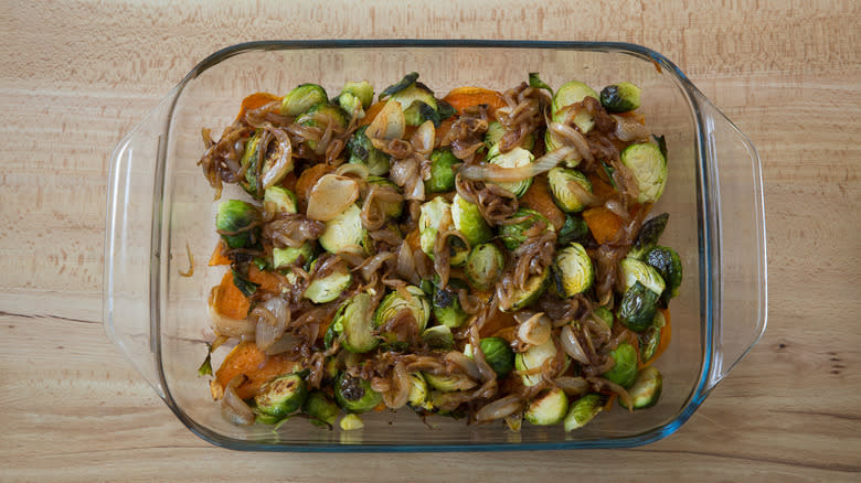 vegetables in clear baking dish 