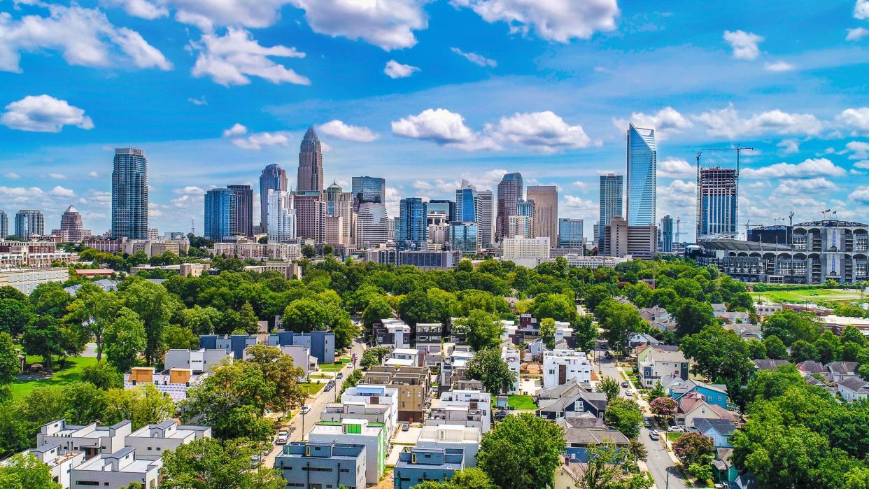 Drone Aerial of Downtown Charlotte, North Carolina, NC, USA Skyline.