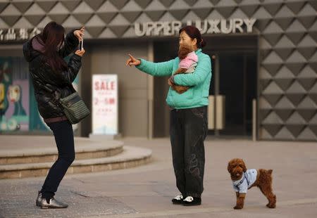 A woman takes a picture with her pet dog at a shopping mall in Beijing, in this November 25, 2014 file photo. REUTERS/Kim Kyung-Hoon/Files