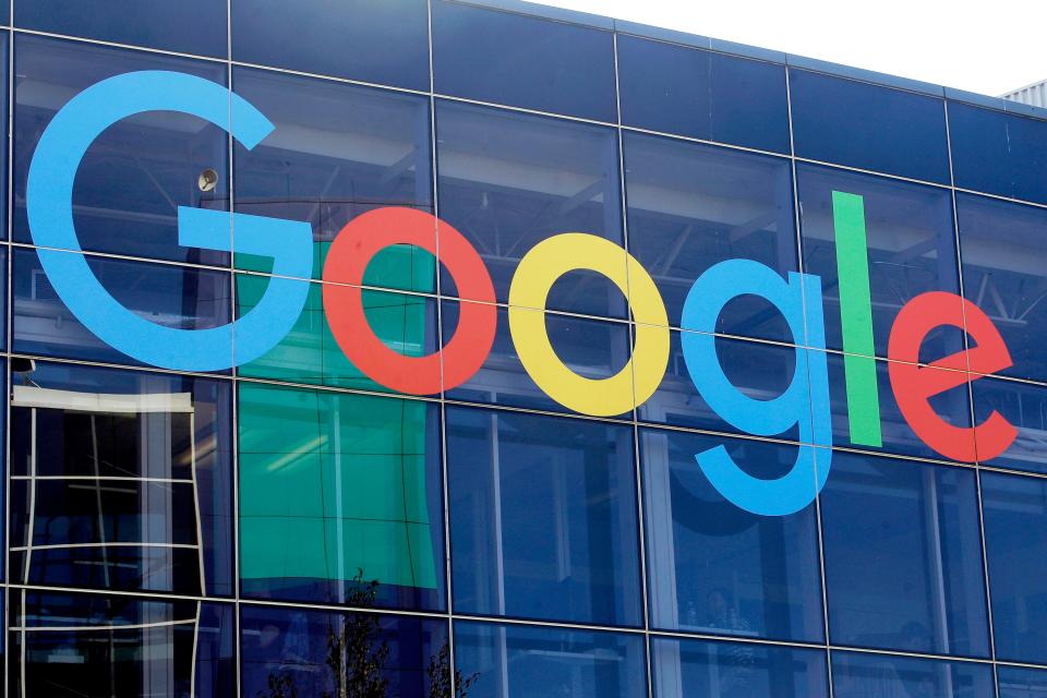 A sign is shown on a Google building at their campus in Mountain View, Calif., Sept. 24, 2019.