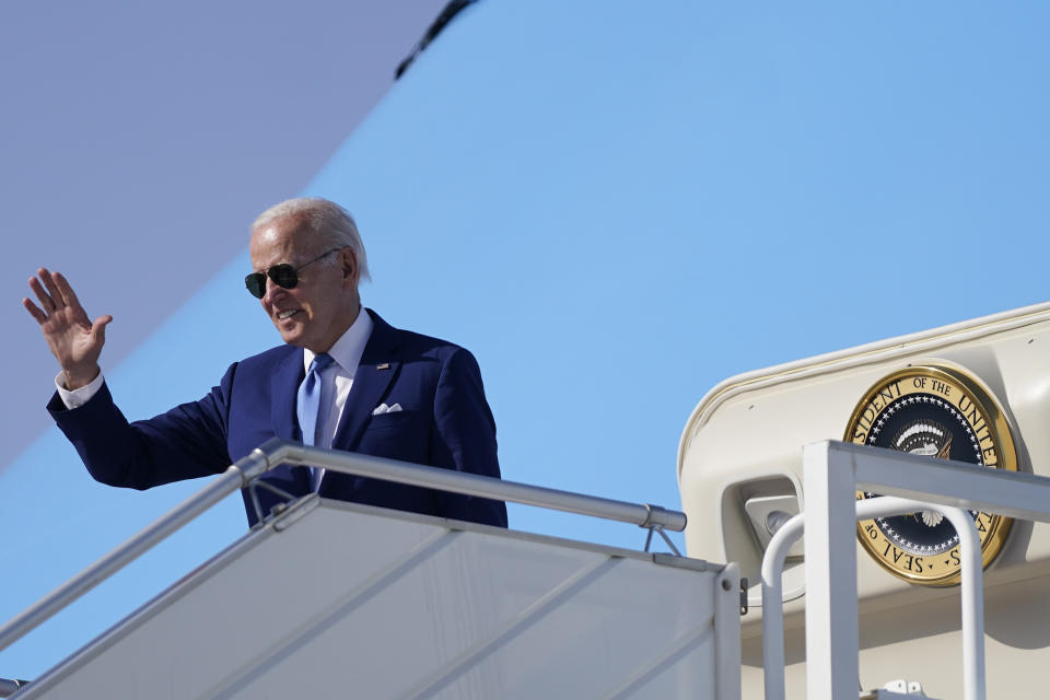 President Joe Biden waves before departure, July 16, 2022, in Jeddah, Saudi Arabia. (AP Photo/Evan Vucci)