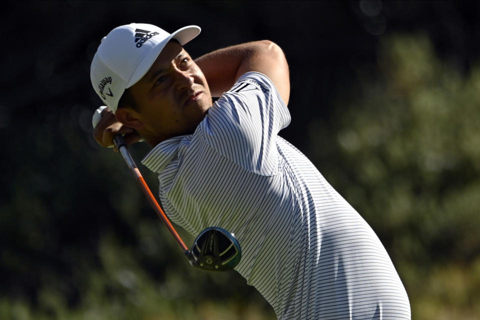 Xander Schauffele tees off during the final round of the CJ Cup golf tournament at Shadow Creek Golf Course, Sunday, Oct. 18, 2020, in North Las Vegas. (AP Photo/David Becker)