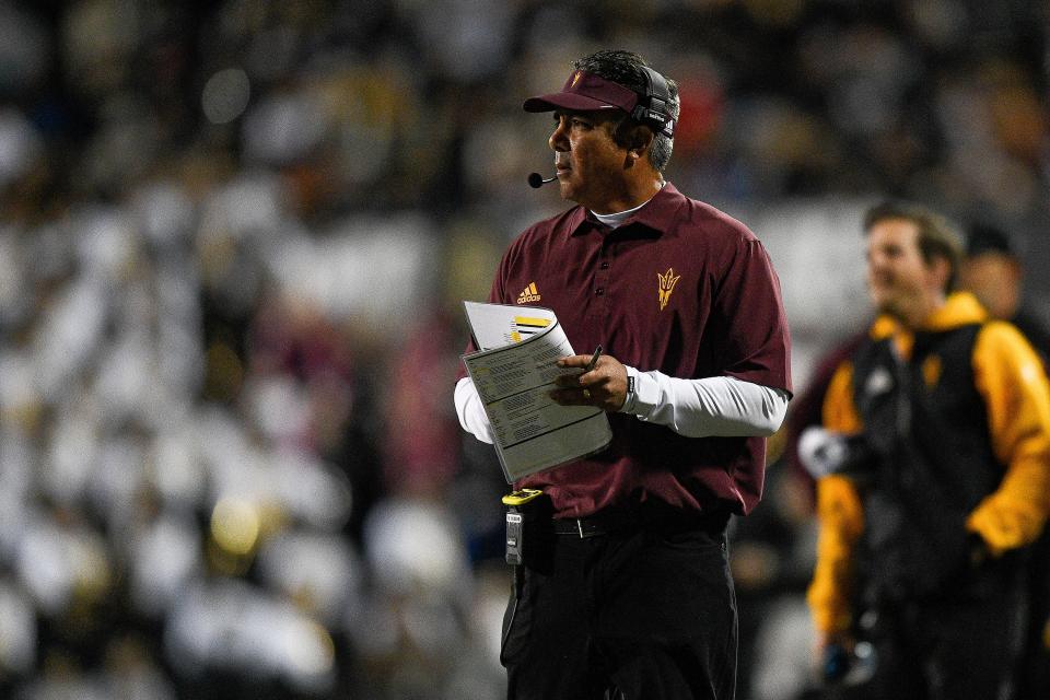 Interim head coach Shaun Aguano of the Arizona State Sun Devils looks on from the sideline in the second quarter of a game at Folsom Field on October 29, 2022, in Boulder, Colorado.