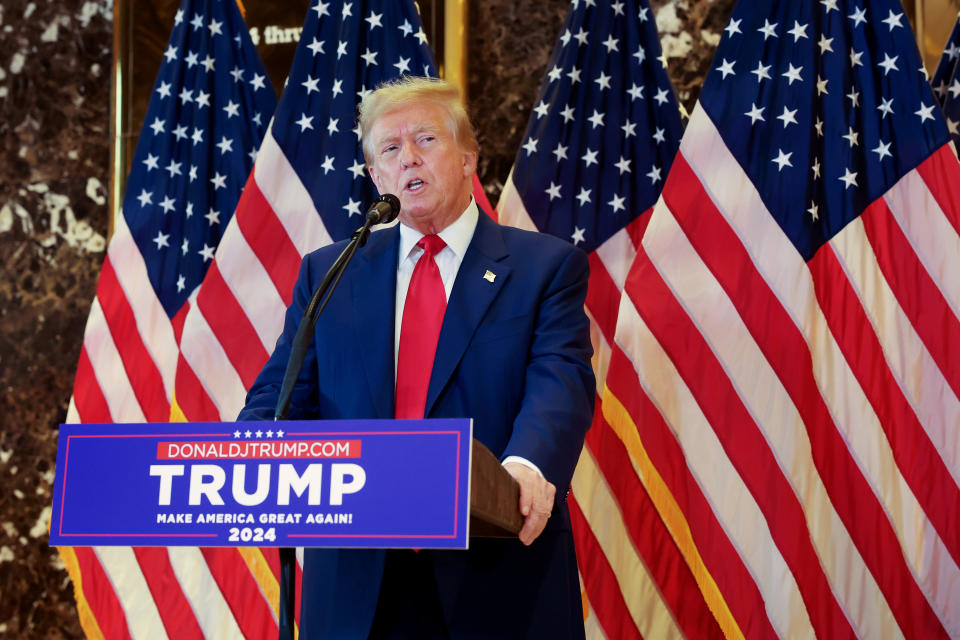 NEW YORK, NEW YORK - MAY 31: Former U.S. President Donald Trump holds a press conference following the verdict in his hush-money trial at Trump Tower on May 31, 2024 in New York City. A New York jury found Trump guilty Thursday of all 34 charges of covering up a $130,000 hush money payment to adult film star Stormy Daniels to keep her story of their alleged affair from being published during the 2016 presidential election. Trump is the first former U.S. president to be convicted of crimes. (Photo by Spencer Platt/Getty Images)