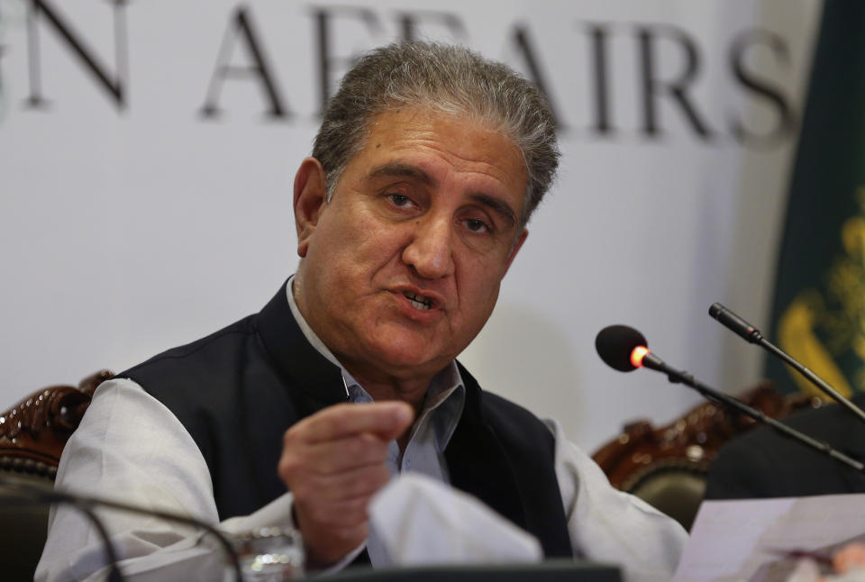 Pakistan's Foreign Minister Shah Mahmood Qureshi addresses the current situation in Afghanistan during a press conference, in Islamabad, Pakistan, Monday, Aug. 23, 2021. Qureshi on Monday urged the Taliban and other Afghan leaders to try to reach an understanding for an inclusive political settlement as soon as possible so that an uncertain situation prevailing in Afghanistan ends. (AP Photo/Anjum Naveed)