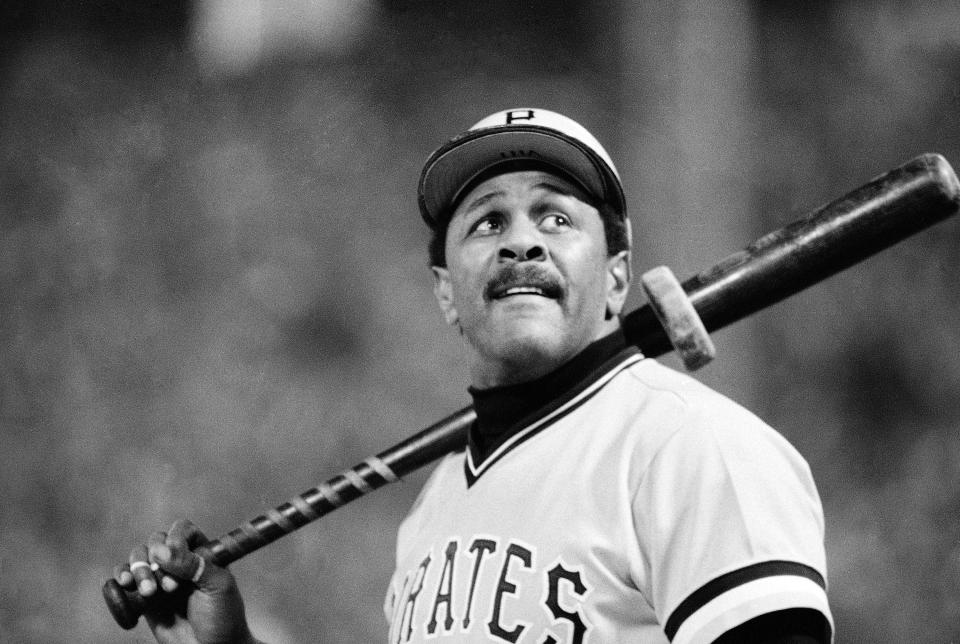 Baseball player Willie Stargell looks up at scoreboard in eighth inning of final game of World Series against the Orioles, Oct. 17, 1979, Baltimore, Md. In the sixth inning, Stargell hit a two run homer to put Pittsburgh Pirates ahead. (AP Photo)