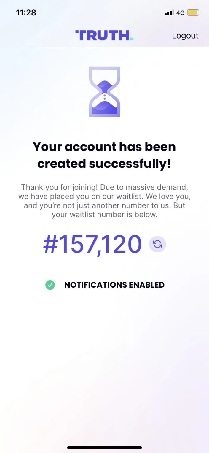 Screenshot of the Truth Social mobile app saying that "Your account has been created successfully!" but placed on a waitlist of 157k
