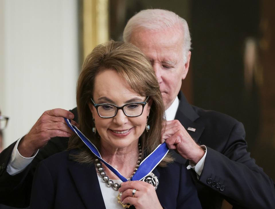 Former U.S. Rep. Gabrielle Giffords, receiving the Presidential Medal of Freedom from President Joe Biden in 2022, will be a guest speaker at the Texas Democratic Party's state convention in El Paso starting June 6.