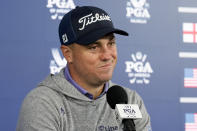 Justin Thomas speaks during a news conference at the PGA Championship golf tournament at the Valhalla Golf Club, Tuesday, May 14, 2024, in Louisville, Ky. (AP Photo/Sue Ogrocki)