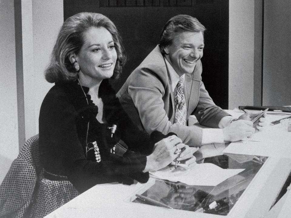 Barbara Walters and Jim Hartz, co-hosts of Today, shown in rehearsal in NBC News Election Central in Rockefeller Center.