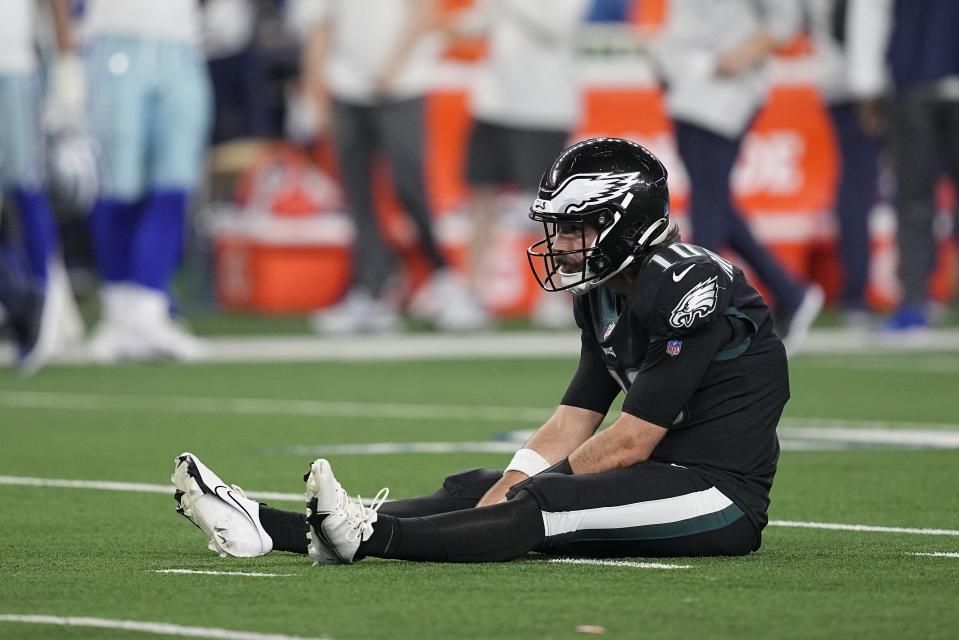 Philadelphia Eagles' Gardner Minshew after throwing an incolplete pass in the final seconds of an NFL football game against the Dallas Cowboys Saturday, Dec. 24, 2022, in Arlington, Texas. (AP Photo/Tony Gutierrez)