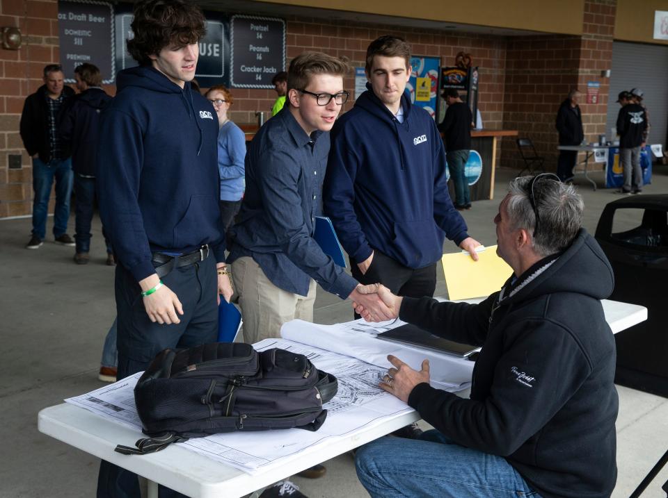 Kevin Kernahan of Shore Builders Association, Central Jersey, talks with perspective job applicants. Ocean County and state labor departments host a job fair for the construction industry at ShoreTown Ballpark. Students of the Ocean County Vocational Technical Schools were brought in to apply for jobs. Lakewood, NJWednesday, May11, 2022