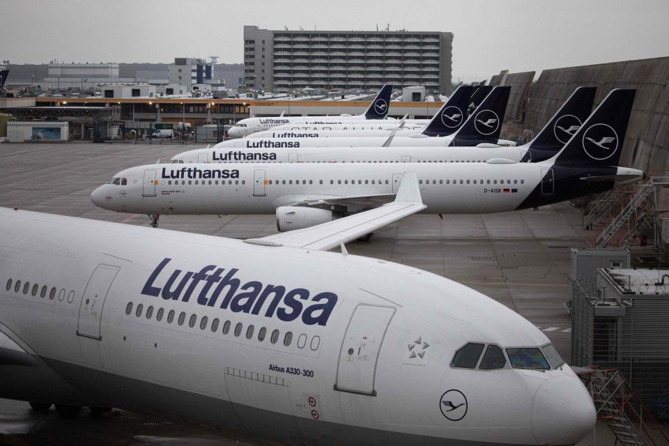 Planes of German airline Lufthansa are seen parked during a strike at Frankfurt Airport in Frankfurt am Main, western Germany, on February 17, 2023. (Photo by ANDRE PAIN/AFP via Getty Images)