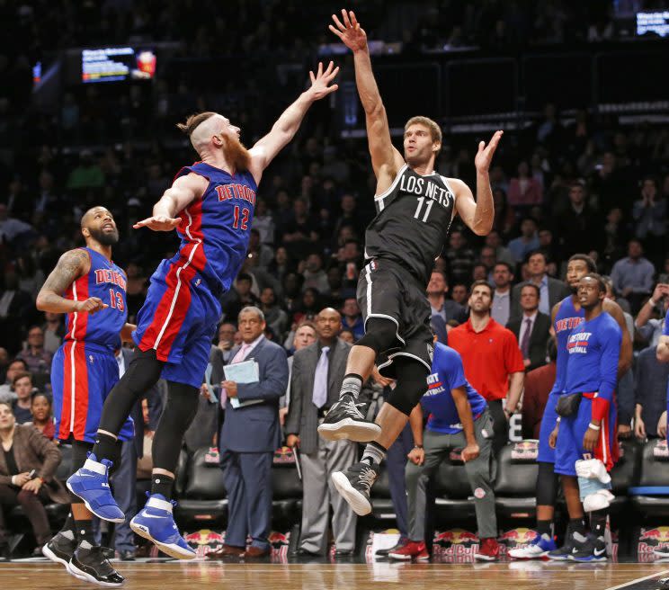 Brook Lopez’s winning shot pushed the Pistons out of the East’s playoff spots. (AP)