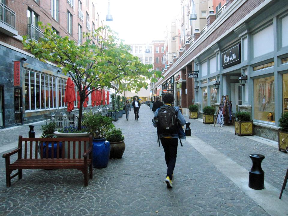 A pedestrian mall in Bethesda, Md., where the busy downtown offers upscale retail stores and dozens of interesting restaurants.