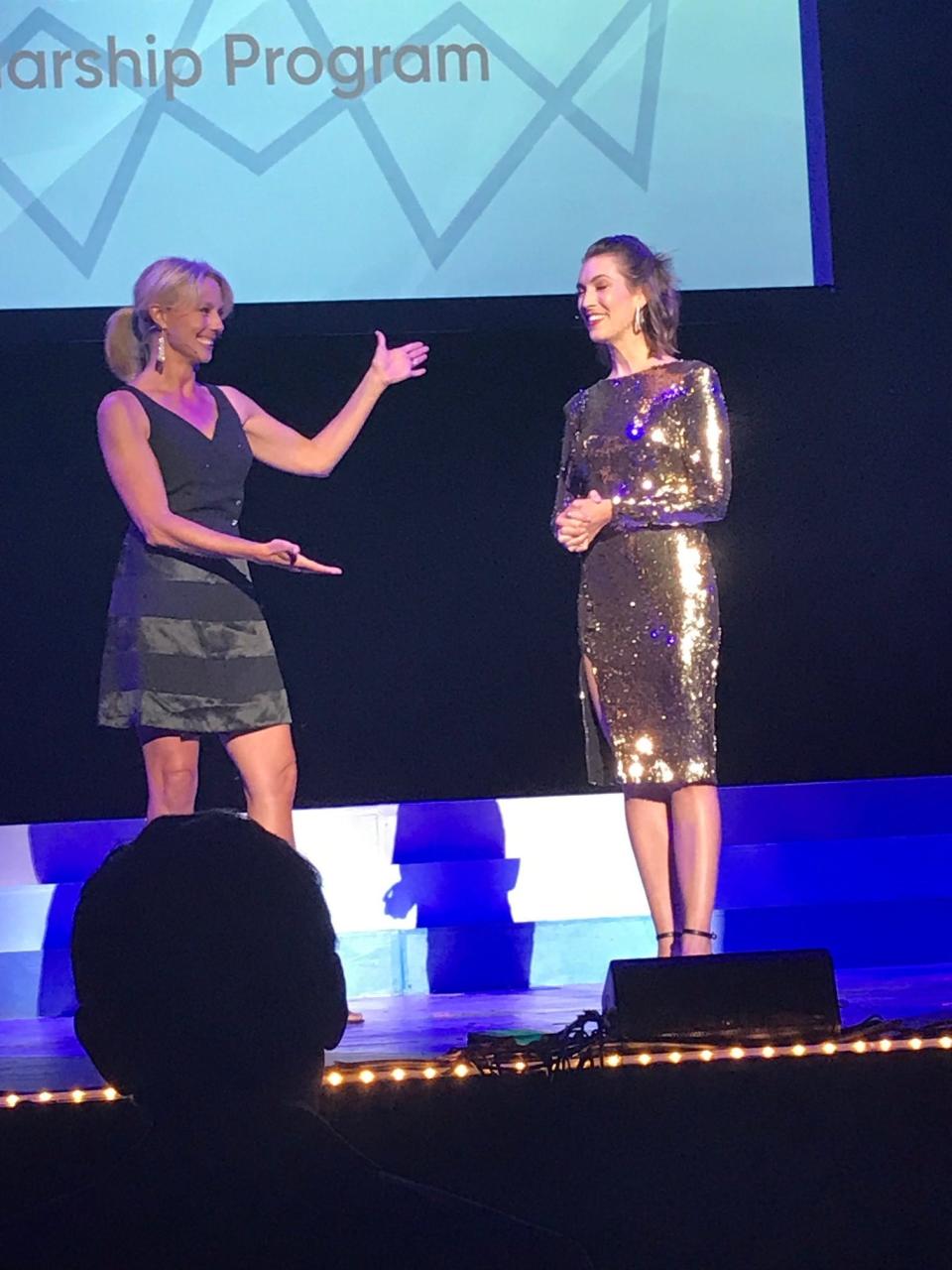Miss Ohio 1997 Kelly Creager, left, and Miss Ohio 2011 Ellen Bryan co-emceed Thursday at the first night of preliminary competition at Miss Ohio Scholarship Program at the Renaissance Theatre.