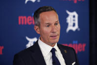 Detroit Tigers owner Chris Ilitch addresses the media on the firing of team general manager Al Avila, Wednesday, Aug. 10, 2022, in Detroit. Assistant general manager Sam Menzin takes over the day-to-day leadership role. (AP Photo/Carlos Osorio)