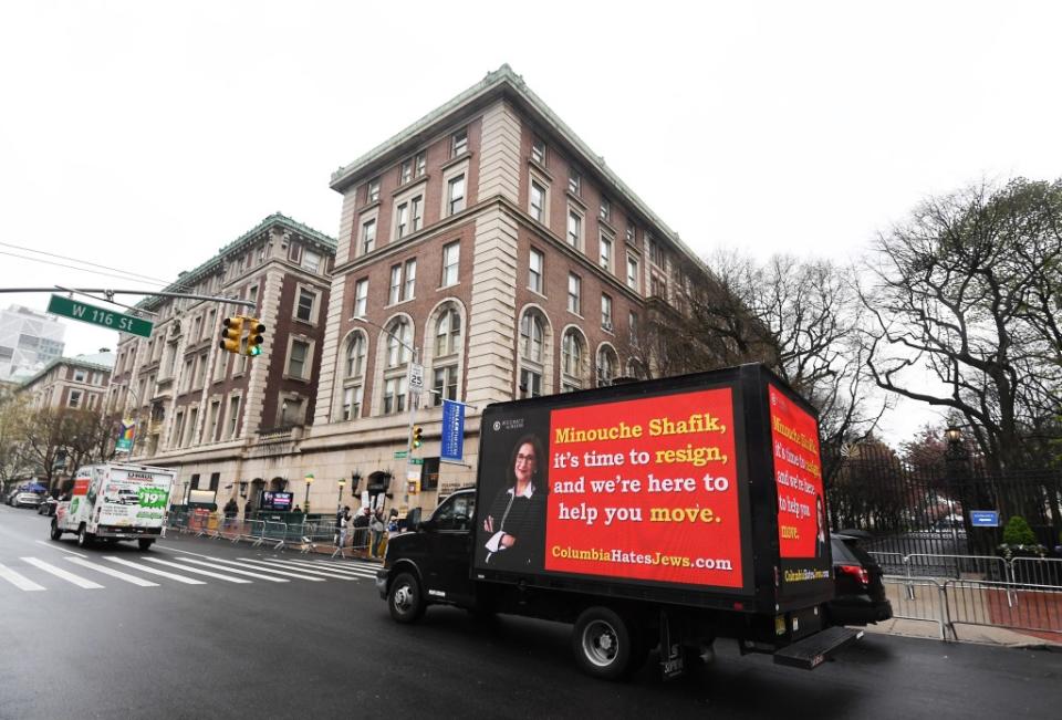 A pro-Israel group hired U-Haul trucks to display billboards demanding Columbia University President Minouche Shafik resign for her not stopping antisemitism on campus. Matthew McDermott