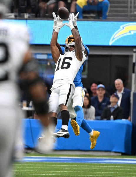 Las Vegas Raiders receiver Jakobi Meyers can be plugged in as a WR2 in Week 7. File Photo by Jon SooHoo/UPI