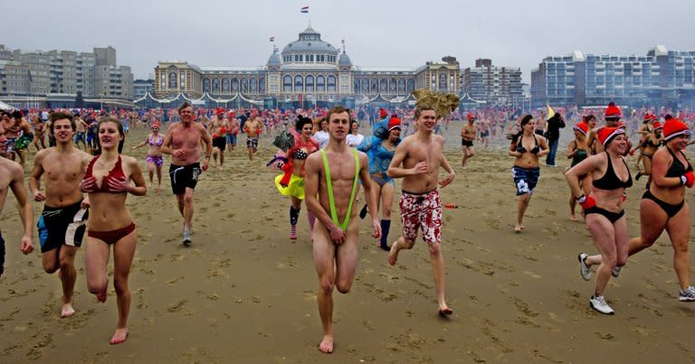 A crowd of 10,000 join in this year's New Year Unox dive on the beach of Scheveningen. January 1 became the day widely marked as New Year's Day only in 46 BC, when the emperor Julius Caesar introduced a new calendar. March 1 had been the first day of the year until then