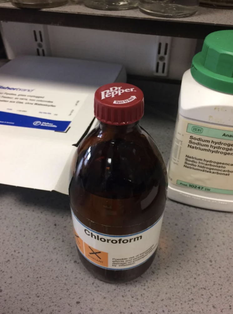 A bottle of chloroform on which someone has replaced the cap with one from a Dr. Pepper soft drink