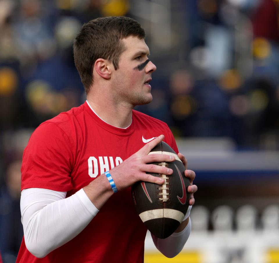 November 25, 2023;  Ann Arbor, Michigan, USA;  Ohio State Buckeyes quarterback Kyle McCord (6) warms up before Saturday's NCAA Division I football game against the Michigan Wolverines at Michigan Stadium.