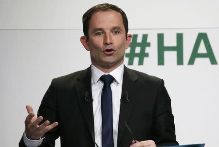 French Socialist party 2017 presidential candidate Benoit Hamon speaks during a news conference to present his election manifesto in Paris, France, March 16, 2017. REUTERS/Gonzalo Fuentes