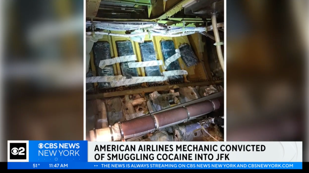 Prosecutors said custom officers found 10 cocaine bricks weighing 25.6 pounds in an electronics compartment beneath the cockpit. CBS New York/YouTube