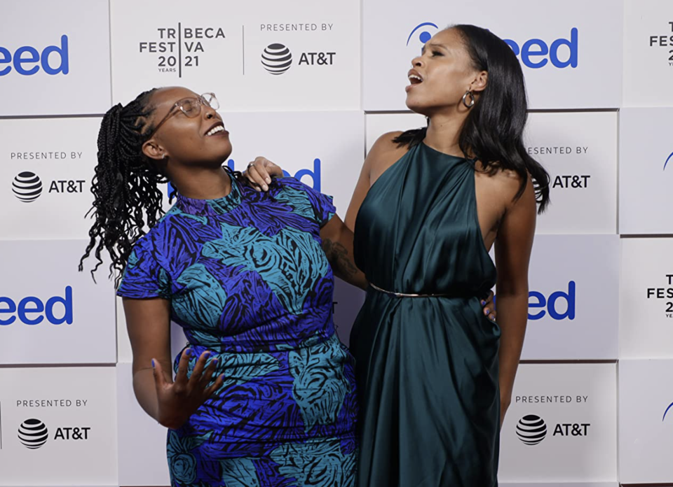 Taylor Garron, right, with her 'As of Yet' co-director Chanel James, left, on the 2021 Tribeca Festival red carpet.