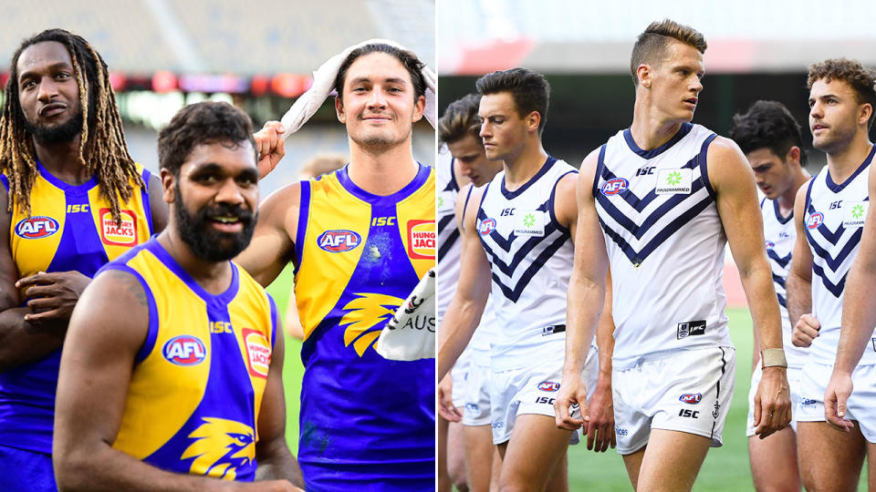 Pictured here, players from West Coast and Fremantle during round one of the AFL.