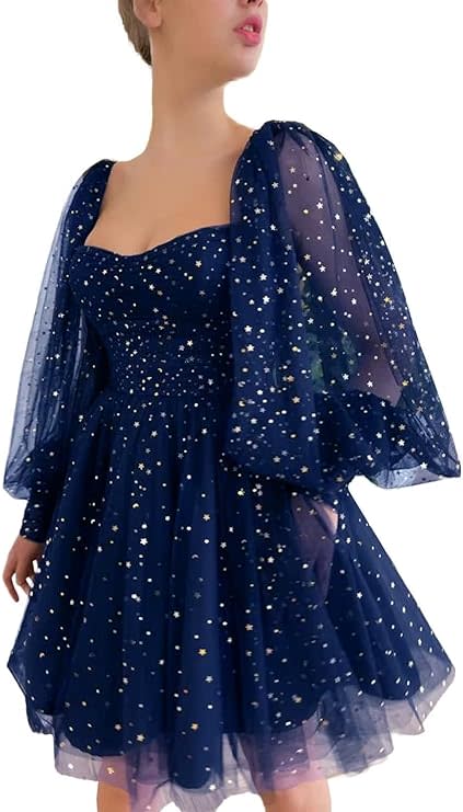 model wearing mini navy blue dress with stars
