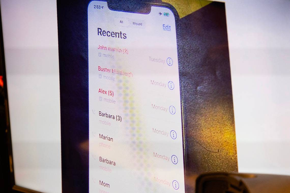 The call log on Maggie Murdaugh’s cellphone is show as evidence during Alex Murdaugh’s trial for murder at the Colleton County Courthouse on Tuesday, Jan. 31, 2023. Joshua Boucher/The State/Pool