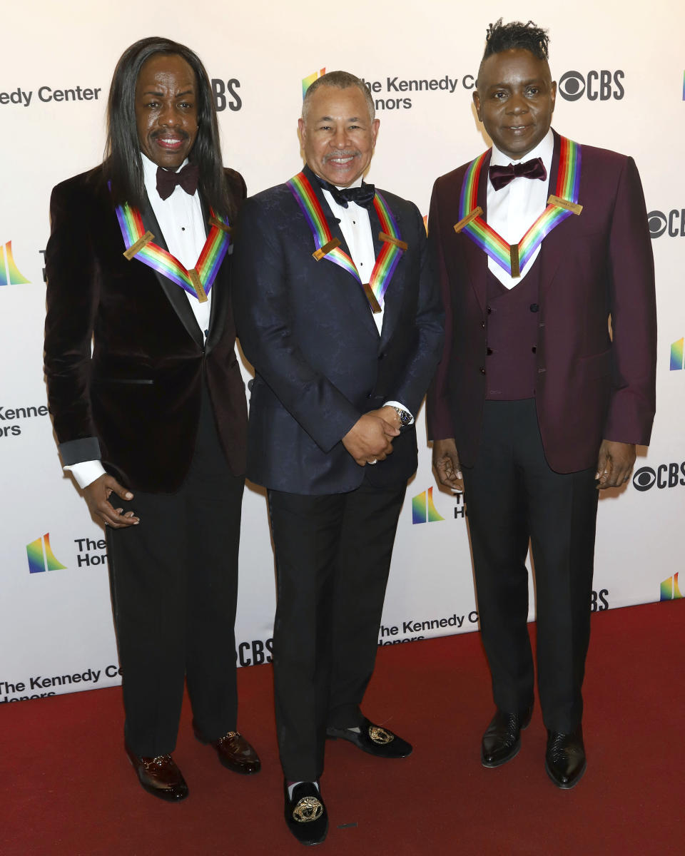 2019 Kennedy Center Honorees Earth, Wind & Fire members, from left, Verdine White, Ralph Johnson and Philip Bailey attend the 42nd Annual Kennedy Center Honors at The Kennedy Center, Sunday, Dec. 8, 2019, in Washington. (Photo by Greg Allen/Invision/AP)