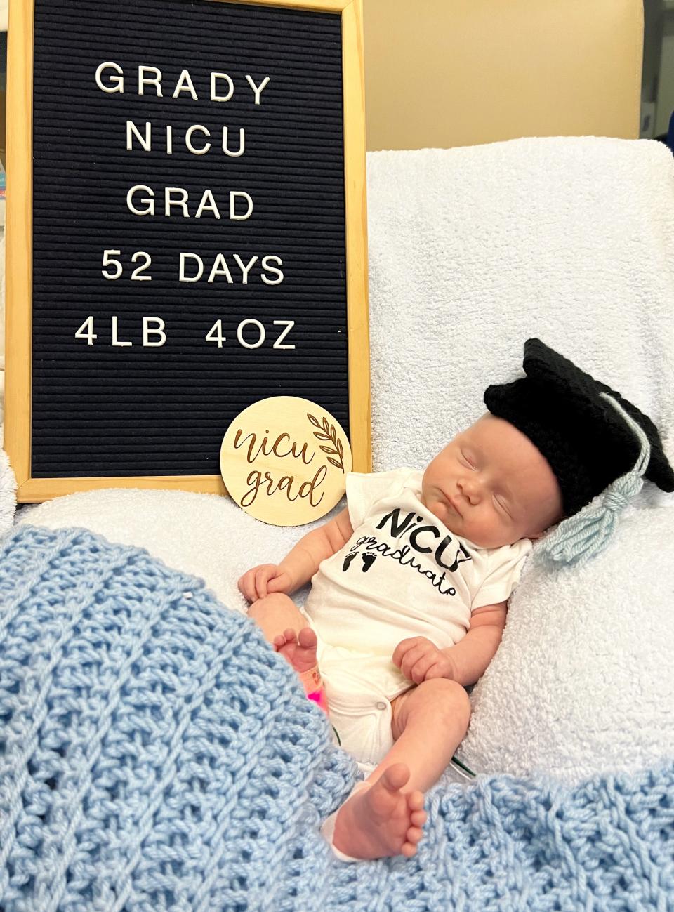 Grady Givens was born on Oct. 31, 2022, to parents Katie and Jared Givens. After spending several weeks in the neonatal intensive care unit at East Tennessee Children's Hospital in Knoxville, Grady graduated from the NICU on Dec. 22 while wearing a homemade cap knitted by hospital volunteer Linda Clark.