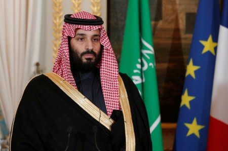 FILE PHOTO: Saudi Arabia's Crown Prince Mohammed bin Salman attends a press conference with French President Emmanuel Macron (not pictured) at the Elysee Palace in Paris, France, April 10, 2018.  Yoan Valat/Pool via Reuters