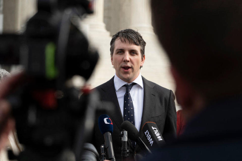 Jason Murray, the lead attorney for a group of Colorado voters challenging former President Donald Trump's eligibility, speaks to members of the press outside the Supreme Court on Thursday, Feb. 8, 2024. / Credit: ROBERTO SCHMIDT/AFP via Getty Images