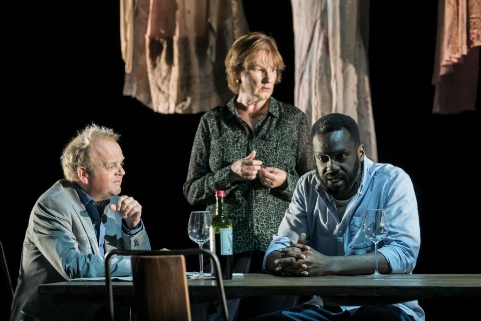 Toby Jones, Deborah Findlay and Sule Rimi in Bluebeard's Friends: Photograph: Johan Persson