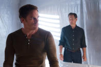 Michael C. Hall as Dexter Morgan and James Remar as Harry Morgan in the "Dexter" Season 8 episode, "Goodbye Miami."