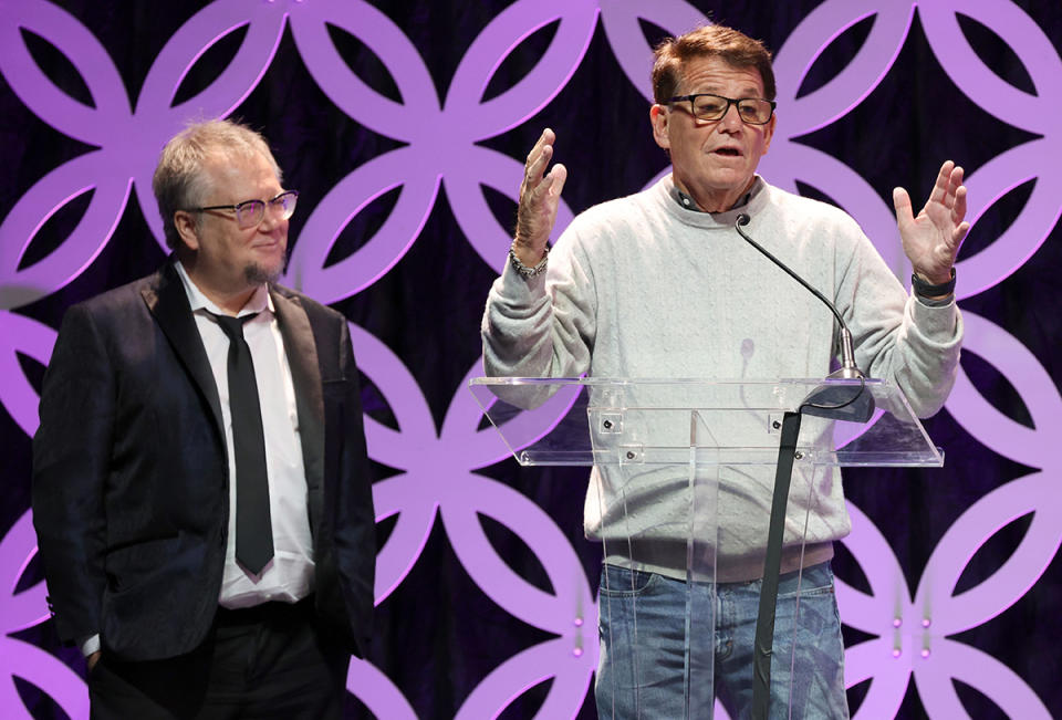 Robbie Rist and Anson Williams speak onstage during the 24th Family Film Awards at Hilton Los Angeles/Universal City on March 24, 2021 in Universal City, California