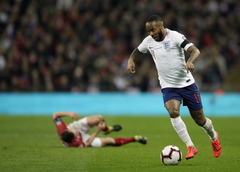 England's Raheem Sterling controls the ball during the Euro 2020 group A qualifying soccer match between England and the Czech Republic at Wembley stadium in London, Friday March 22, 2019. (AP Photo/Tim Ireland)