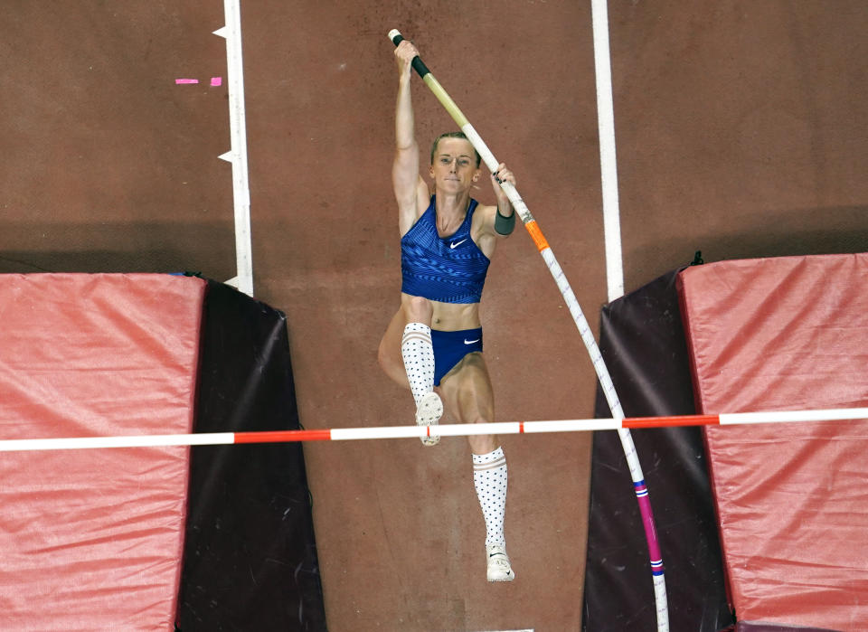 Anzhelika Sidorova, participating as a neutral athlete, competes in the women's pole vault final at the World Athletics Championships in Doha, Qatar, Sunday, Sept. 29, 2019. Sidorova won the gold medal in the event. (AP Photo/Nick Didlick)