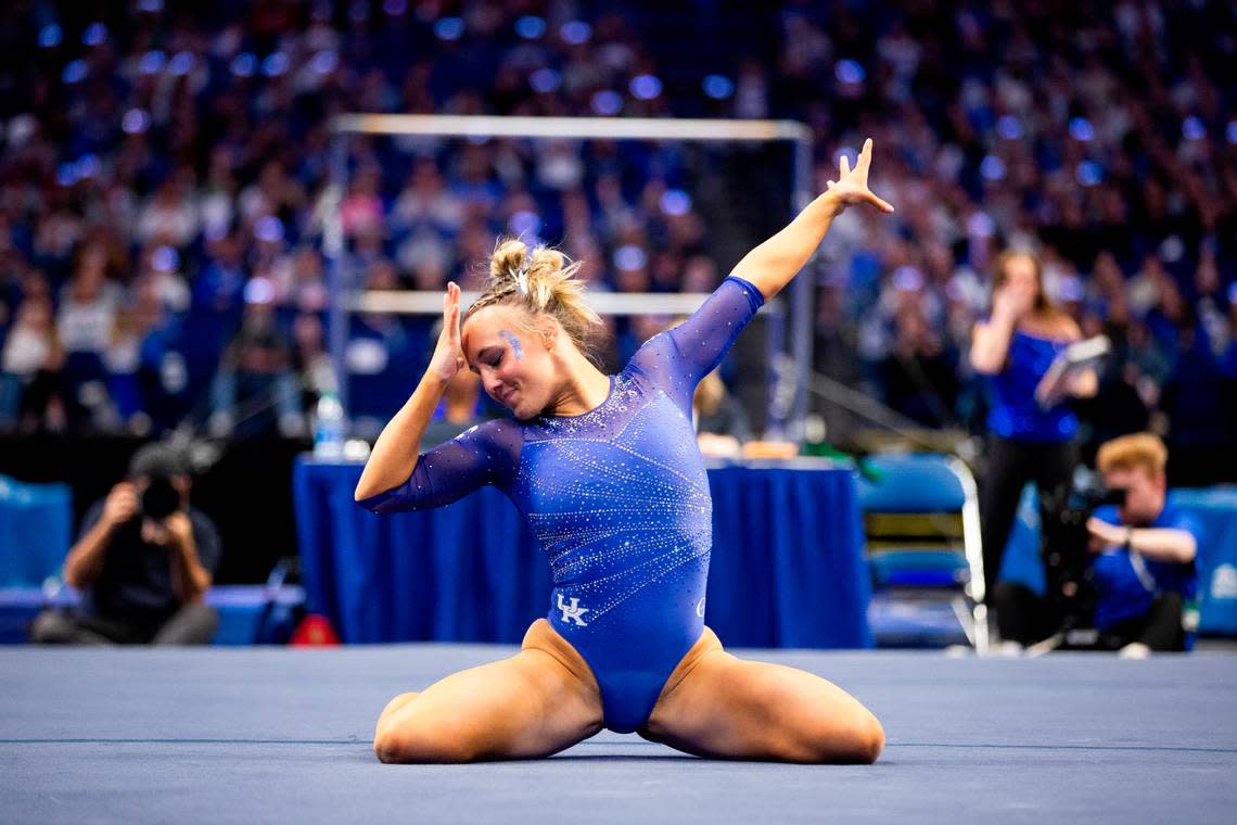 Raena Worley performs her floor routine during Kentucky’s annual Excite Night meet against Georgia at Rupp Arena. Worley earned a 10, the first perfect score of her career, in the event.