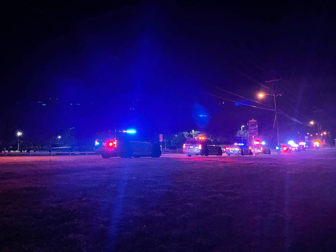 Dozens of law enforcement officers responded to a large crowd and reports of shots fired at Katherine Rose Memorial Park, 303 N. Walnut Creek Drive in Mansfield, on Monday night, March 13, 2023.