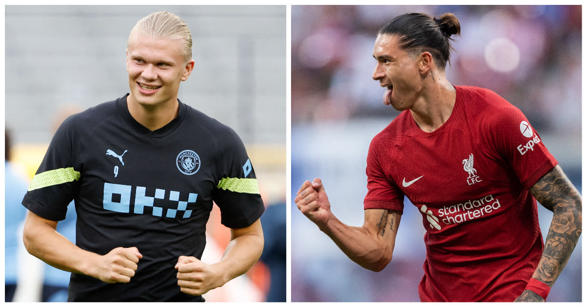 Manchester City's Erling Haaland (left) and Liverpool's Darwin Nunez. (PHOTOS: Getty Images)