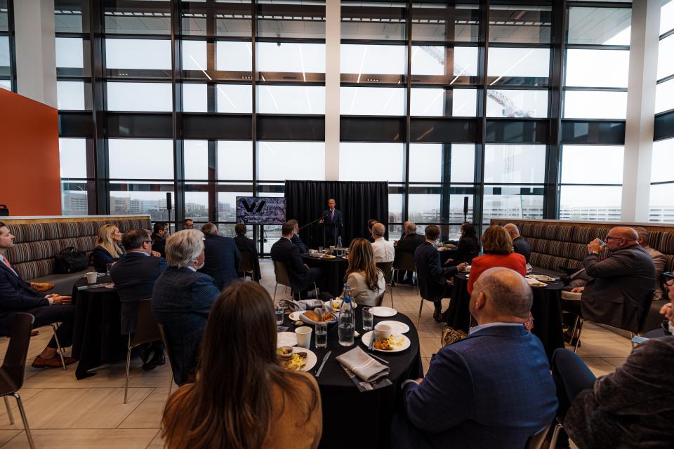 Former Boeing CEO Dennis Muilenburg speaks to a crowd at Oklahoma State University's Hamm Institute for American Energy about why he supports Bartlesville-based Westwin Elements.