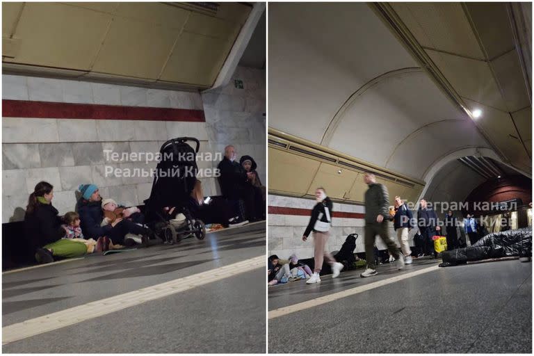 Familias refugiadas en un subte de Ucrania