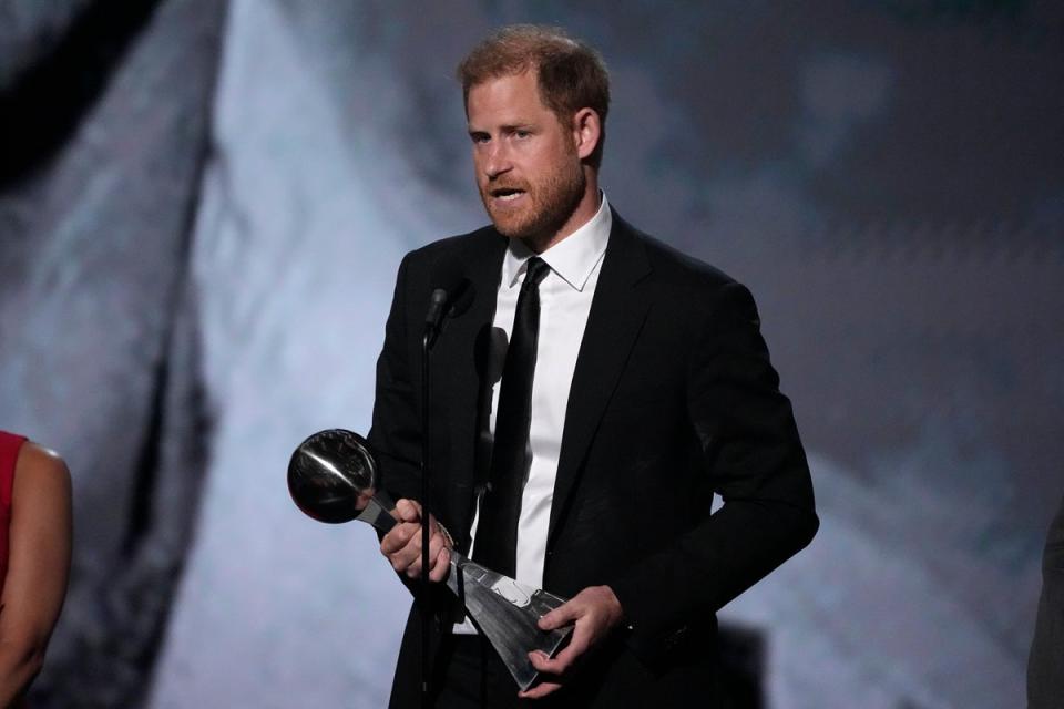 Prince Harry speaks after receiving the Pat Tillman Award For Service at the ESPY Awards. (AP)