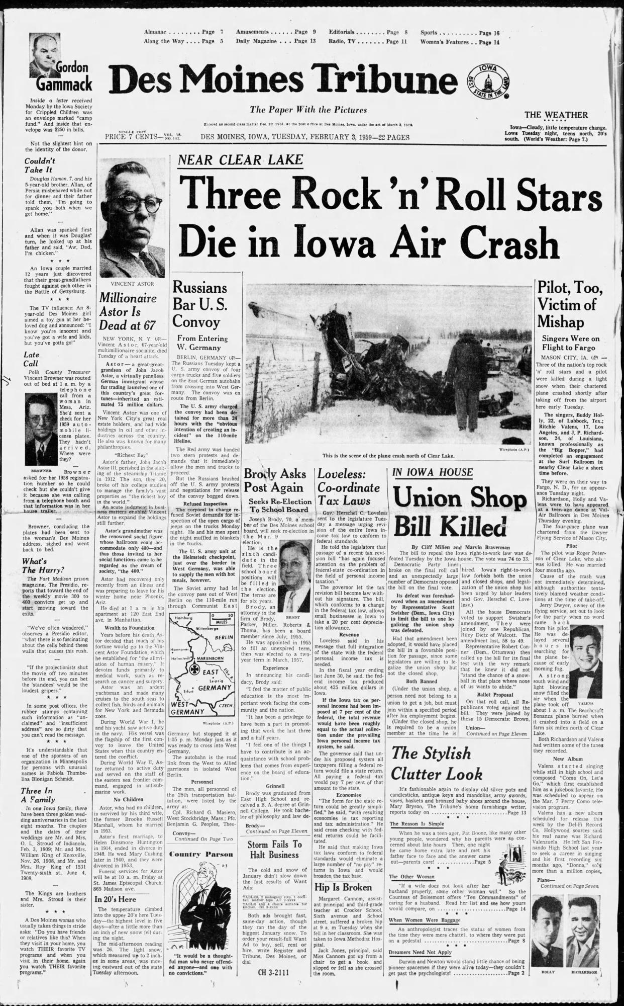 The Des Moines Register's sister afternoon paper, the Des Moines Tribune, reports on Feb. 3, 1959, that rock 'n' roll stars Buddy Holly, Ritchie Valens and the Big Bopper died early that morning in an airplane crash shortly after performing at Clear Lake's Surf Ballroom.